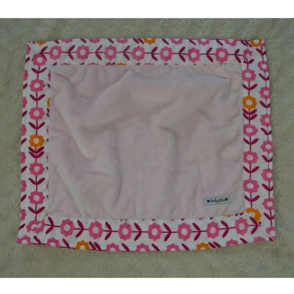 Baby Star Pink Floral Lovey Security Blanket White Orange Flower Edge Trim